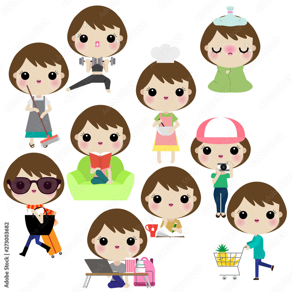 Vector illustration of woman or girl in different lifestyle activities such as cooking, working, reading, cleaning, being sick, traveling,studying,exercising, shopping,taking photos. Vector illustration of woman or girl in different lifestyle activities such as cooking, working, reading, cleaning, being sick, traveling,studying,exercising, shopping,taking photos.