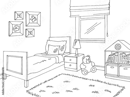 Children room graphic black white interior sketch illustration vector