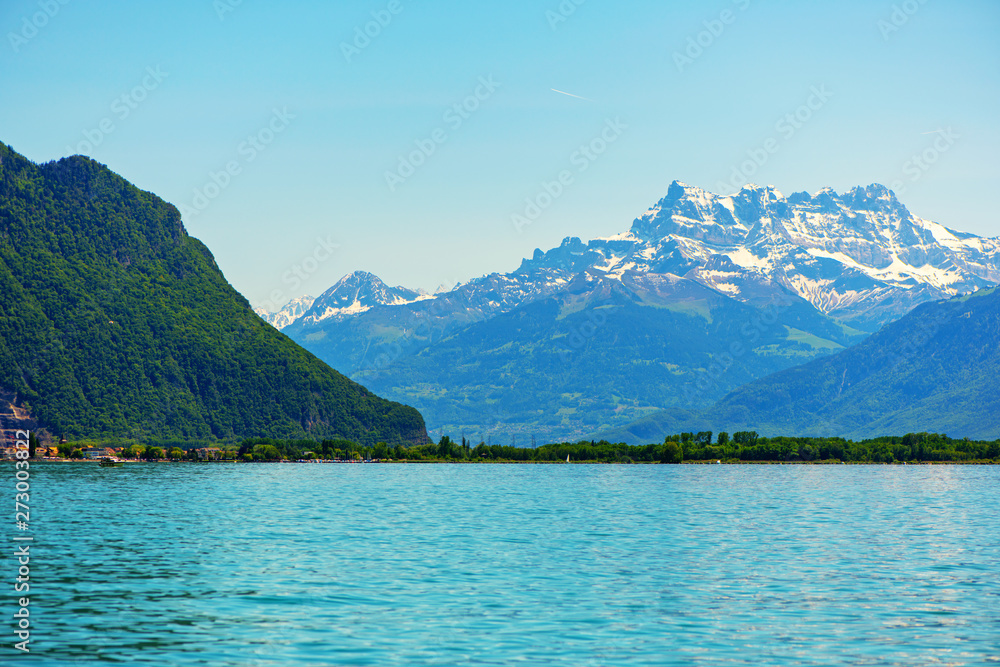 Beautiful view of the Alps on Lake Geneva at Montreux, Switzerland.