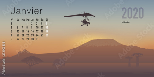 Calendrier 2020 prêt à imprimer en version française, composé d’une page pour chaque mois et d’une page de couverture. Ici le mois de janvier. Il illustre le calme et la liberté avec des paysages de 