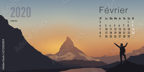 Calendrier 2020 prêt à imprimer en version française, composé d’une page pour chaque mois et d’une page de couverture. Ici le mois de février. Il illustre le calme et la liberté avec des paysages de 
