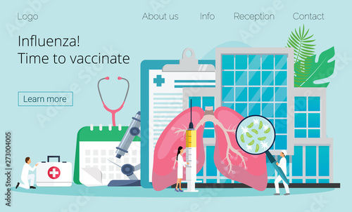 Influenza vaccination. Time to vaccinate. Vector illustration syringe with vaccine, bottle, vaccination calendar and doctors. Modern vector illustration concepts for website, apps.
