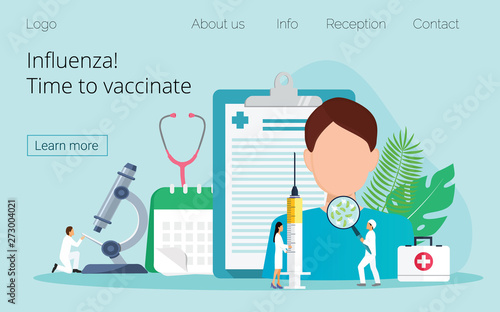 Influenza vaccination. Time to vaccinate. Vector illustration syringe with vaccine, bottle, vaccination calendar and doctors. Modern vector illustration concepts for website, apps.
