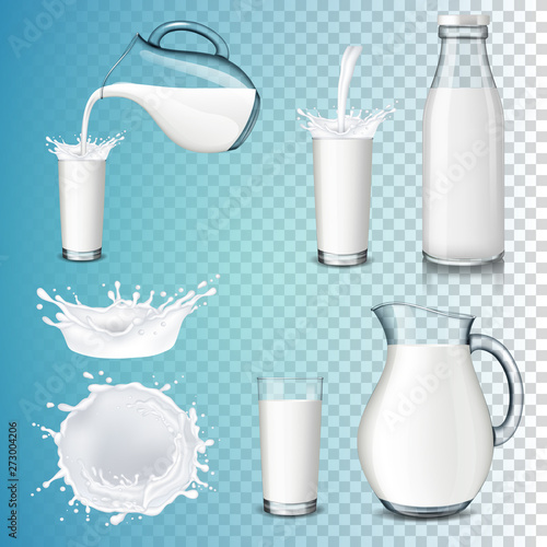 Set of milk product, isolated on transparent background. Splashing and pouring milk, bottle, jug, glass.