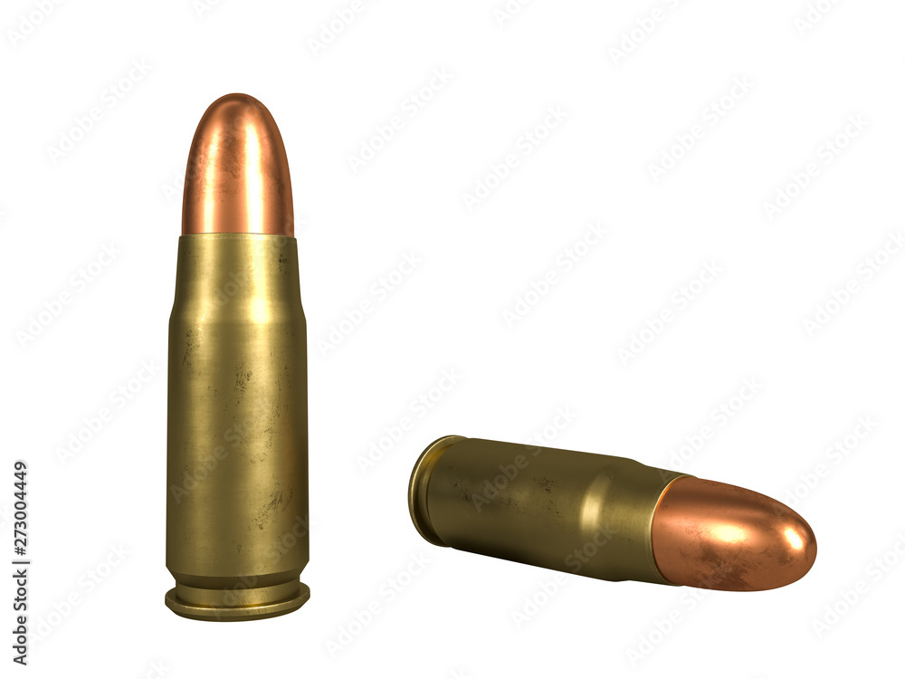 pistol cartridge 7.62x23 mm, Russian and Soviet army, isolated. 3d rendering pistol cartridge 7.62x23 mm, Russian and Soviet army, isolated. 3d rendering