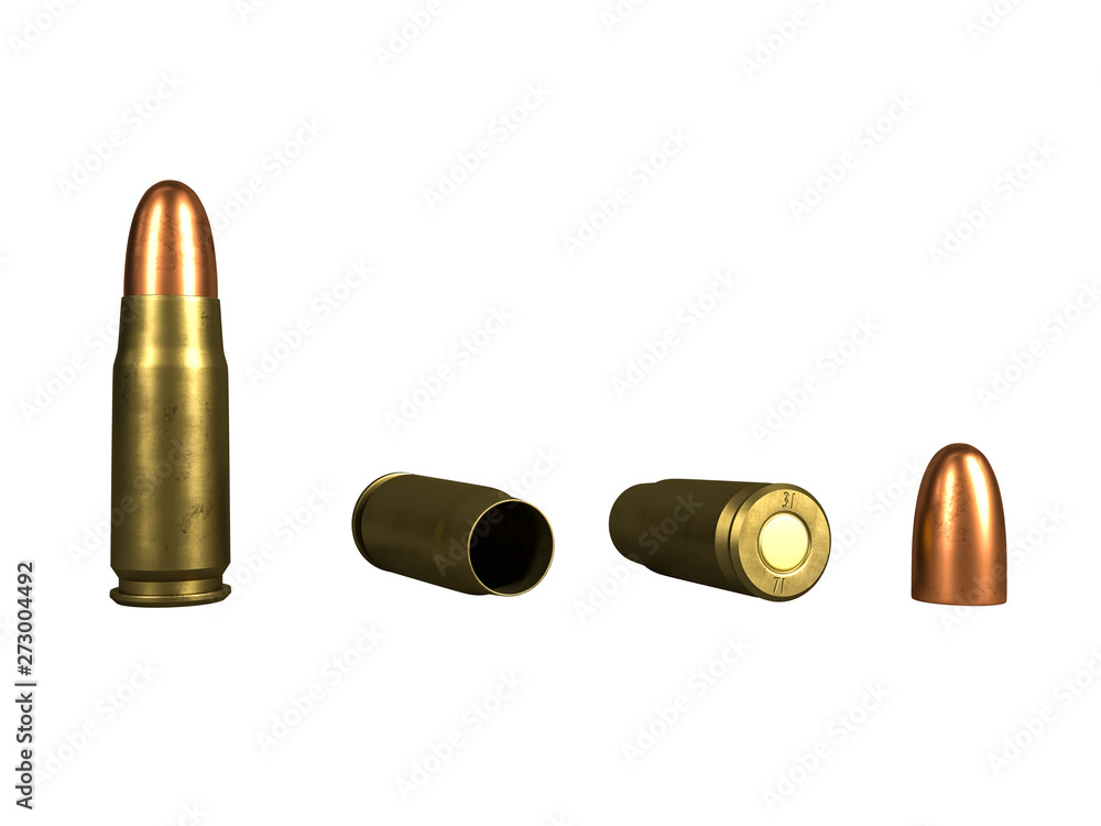 pistol cartridge 7.62x23 mm, Russian and Soviet army, isolated. 3d rendering