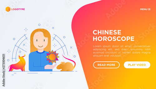 Chinese horoscope web page template. Astrologer with gradient flat animal icons around. Modern vector illustration.