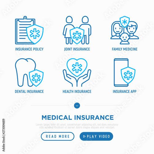 Medical insurance thin line icons set: policy, life insurance, dental program, family medicine, telemedicine. Modern vector illustration.
