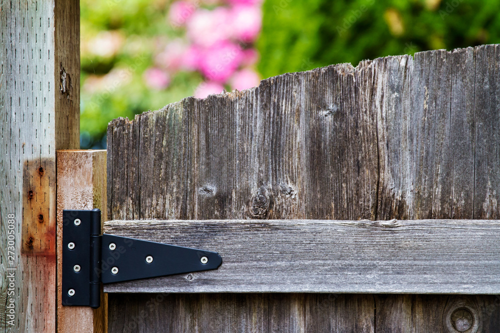 Quaint garden gate with pink flowers beyond; flowers and shrubs seen behind wooden gate Quaint garden gate with pink flowers beyond; flowers and shrubs seen behind wooden gate