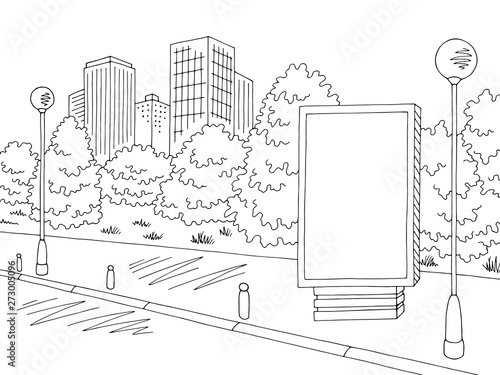 Street road graphic black white billboard city landscape sketch illustration vector