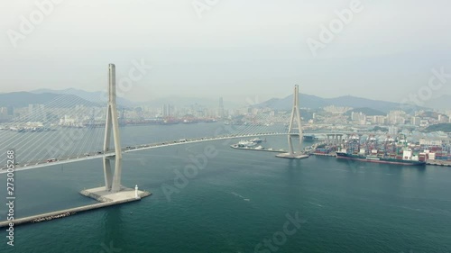 Early summer Busan Harbour Bridge. Aereal footage photo