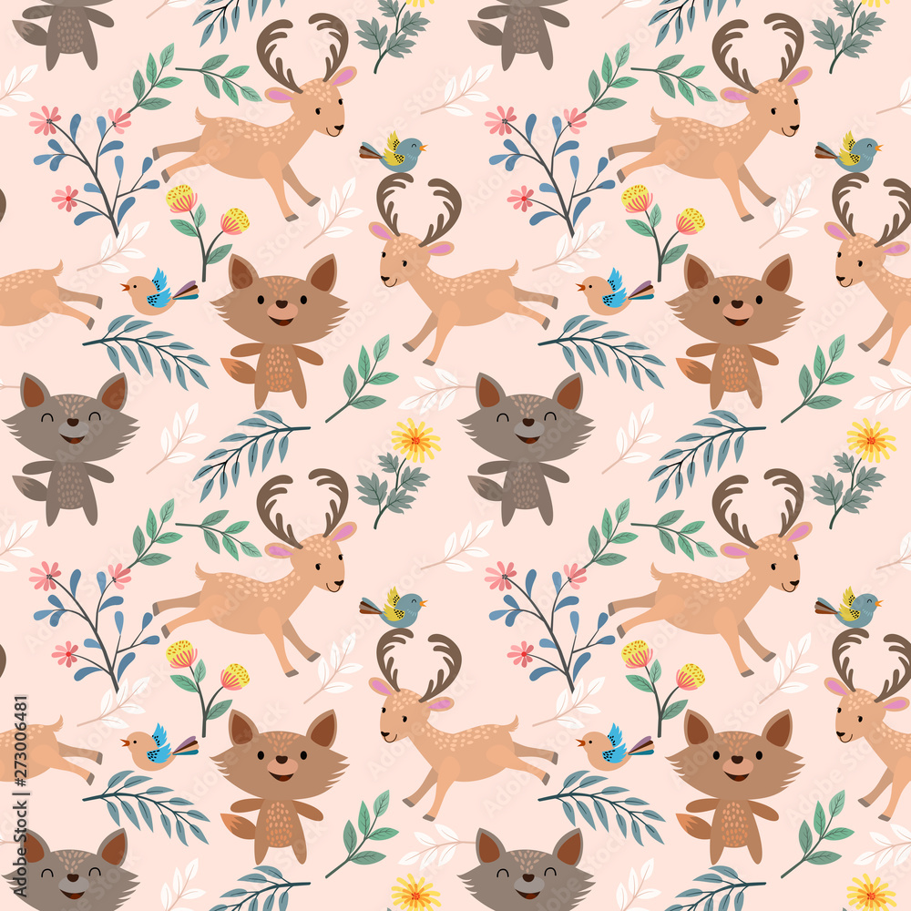 Fototapeta Wolf and deer in garden seamless pattern.