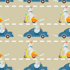 Keuken achterwand Dieren onderweg patronen Cute dog ride on vihicle seamless pattern  © teerawat