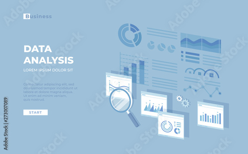 Data analysis, audit, research, finance analytics, reporting concept. Web and mobile service. Charts, graphs, report, magnifying glass, visualization, infographics. Isometric 3d vector 