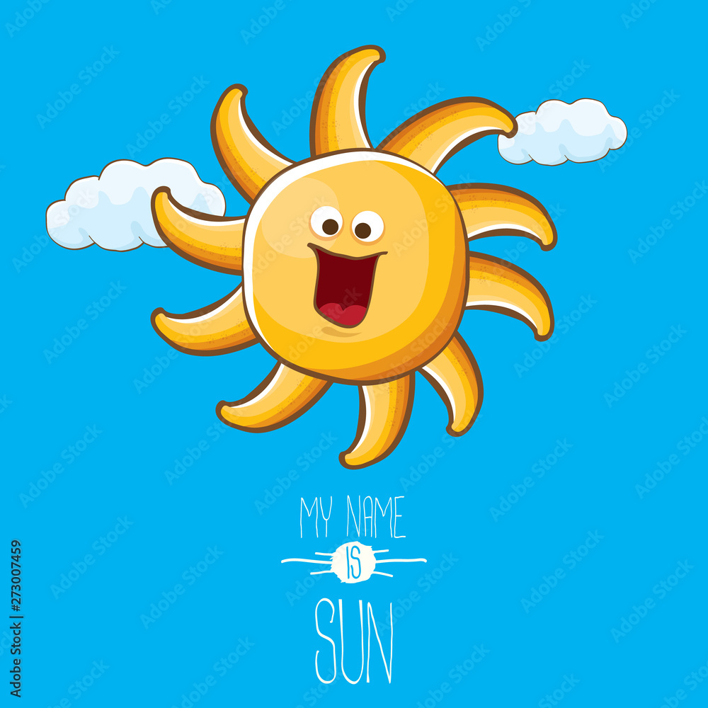 vector funky cartoon style summer sun character on blue sky background. My name is sun concept illustration. funky kids summer character with eyes and mouth vector funky cartoon style summer sun character on blue sky background. My name is sun concept illustration. funky kids summer character with eyes and mouth