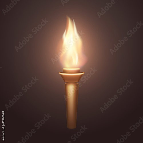 Torch flame isolated on dark background. 3d medieval fire light icon. Vector wooden burning element design.