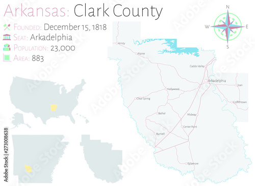 Large and detailed map of Clark county in Arkansas, USA