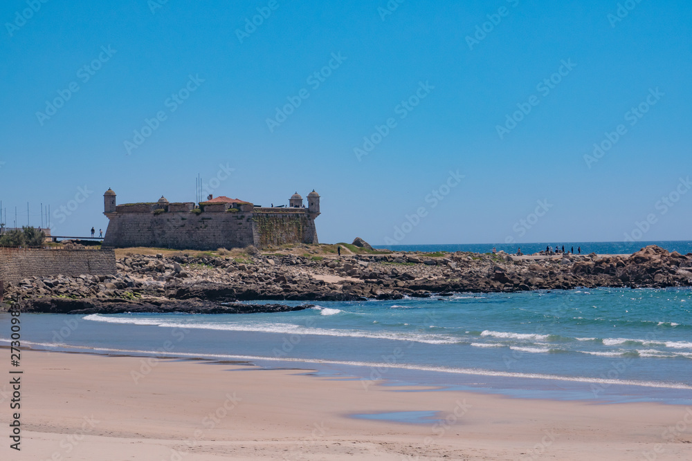 17th century fort in Porto, Portugal known as Castelo do Queijo. Viewed over beach.