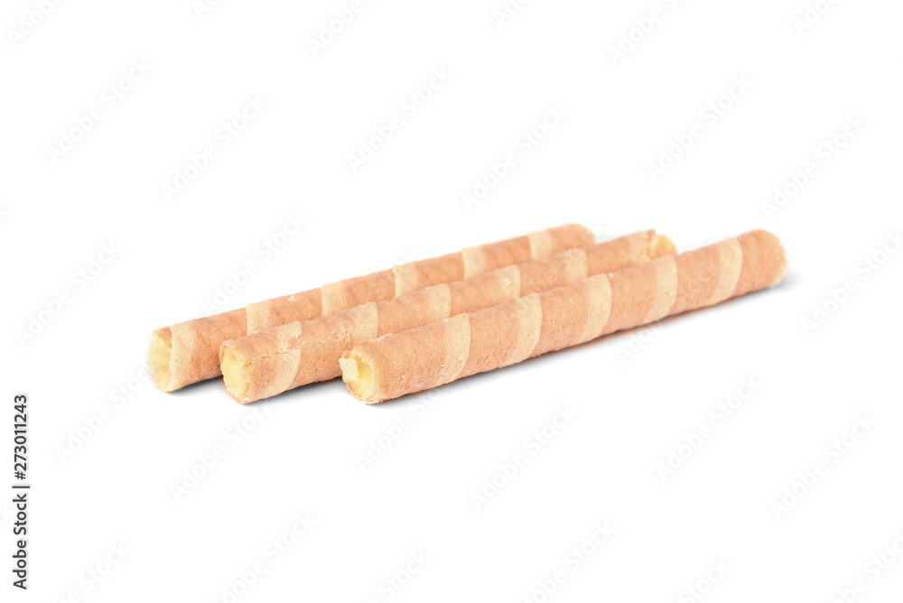 Sweet chocolate waffle rolls isolated on white background.