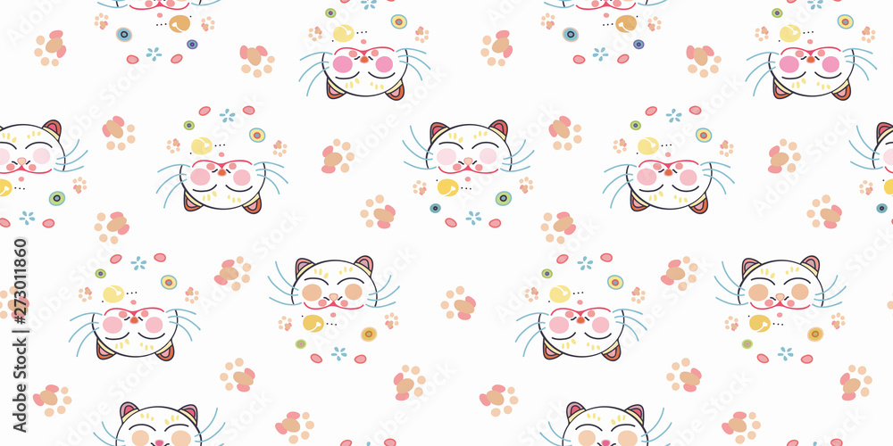 White vector repeat pattern with happy maneki neko cat face, paw print and pastel ornamental florals. Japan inspired pattern. Perfect for paper and textile projects or events. Surface pattern design.