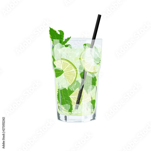 Vector  illustration of isolated lemonade or Classic Mojito cocktail. Hand drawn glass of fresh Mojito with lime, mint and ice on white background. Classic alcohol cocktail, summer party drink.