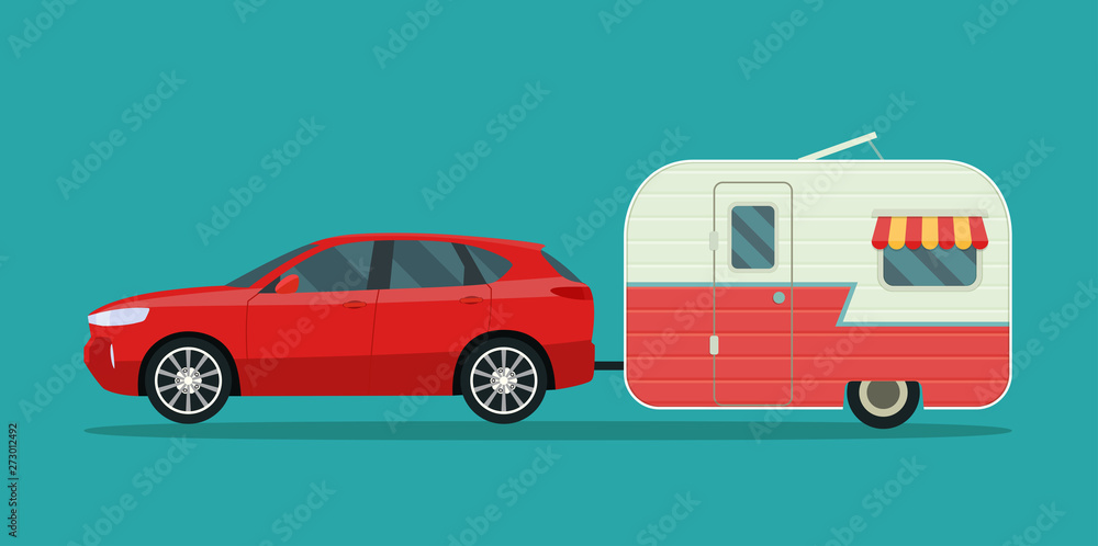 Red compact CUV and trailers caravan isolated. Vector flat style illustration Red compact CUV and trailers caravan isolated. Vector flat style illustration