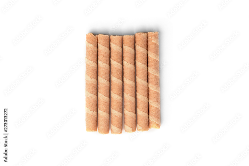 Sweet chocolate waffle rolls isolated on white background. Sweet chocolate waffle rolls isolated on white background.