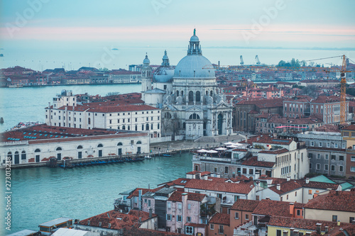 Beautiful super wide-angle aerial view of Venice, Italy with harbor, islands, skyline and scenery beyond the city, seen from the observation tower of St Mark's Campanile © tsuguliev