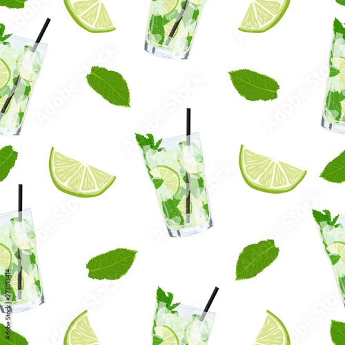 Vector cute seamless pattern with glass of lemonade or mojito cocktail. Summer background with fresh drinks, mint leaves and slice of lime. Summer illustration for design, Web, banner, bar menu, templ