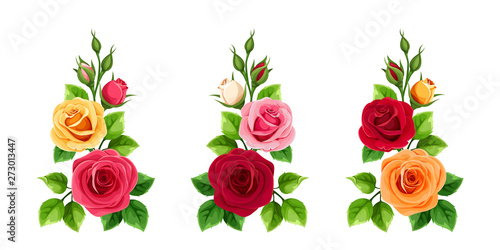 Vector set of branches of red, pink, orange and yellow roses isolated on a white background.