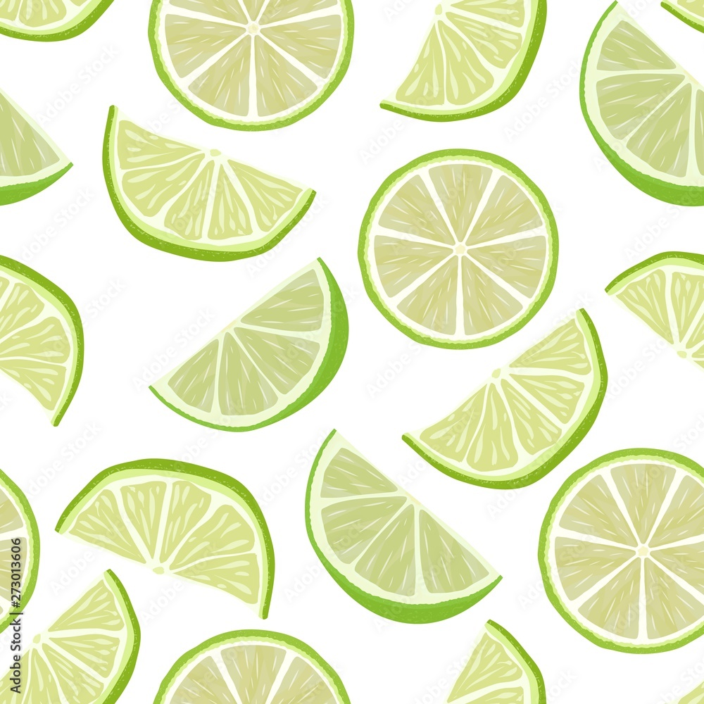 Vector cute seamless pattern with slices of fresh lime. Summer background with fresh citrus fruits. Summer illustration for design, Web, banner, bar menu, template.