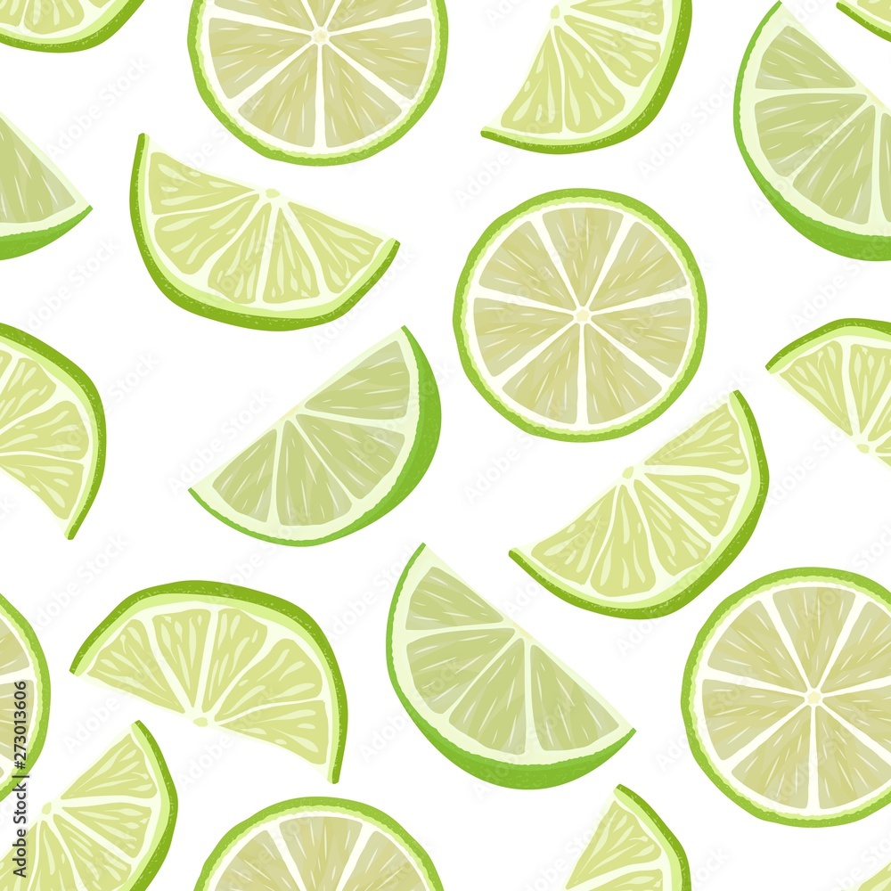 Vector cute seamless pattern with slices of fresh lime. Summer background with fresh citrus fruits. Summer illustration for design, Web, banner, bar menu, template. Vector cute seamless pattern with slices of fresh lime. Summer background with fresh citrus fruits. Summer illustration for design, Web, banner, bar menu, template.