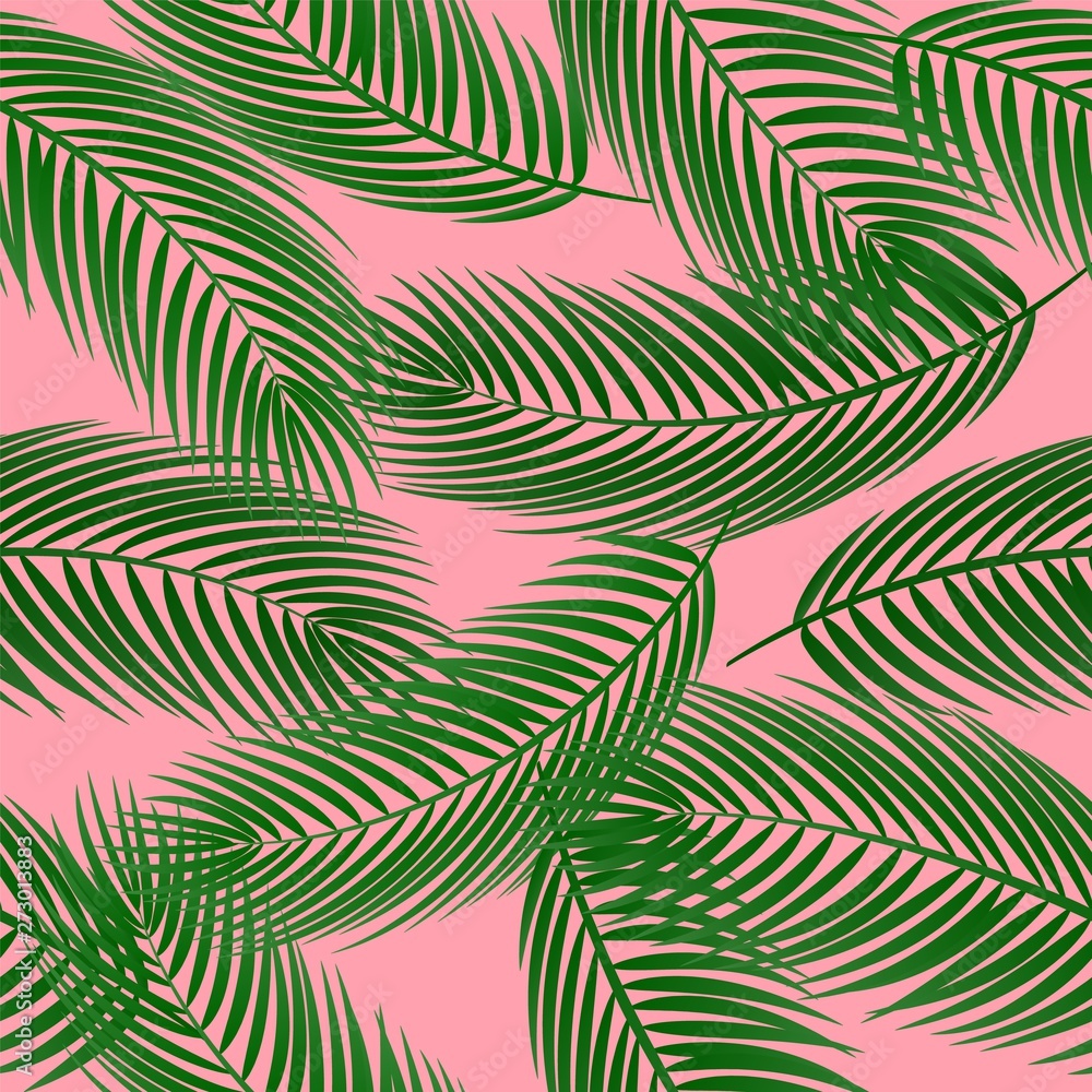 Vector tropical background with palm leaves on pink. Cute seamless pattern with exotic plant for print, textile, fabric, decor, summer design.