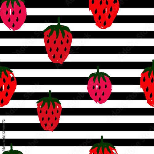 Strawberry, striped seamless pattern on background.