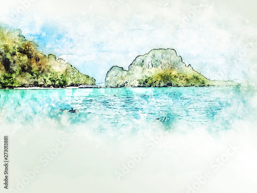 Abstract colorful beautiful Mountain range and sea water in Krabi, Thailand on watercolor illustration painting background.