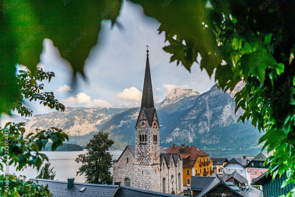 View of the Spire of the Lutheran Church in Hallstatt, Austria.