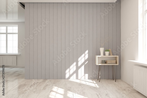 Empty room in white color. Scandinavian interior design. 3D illustration