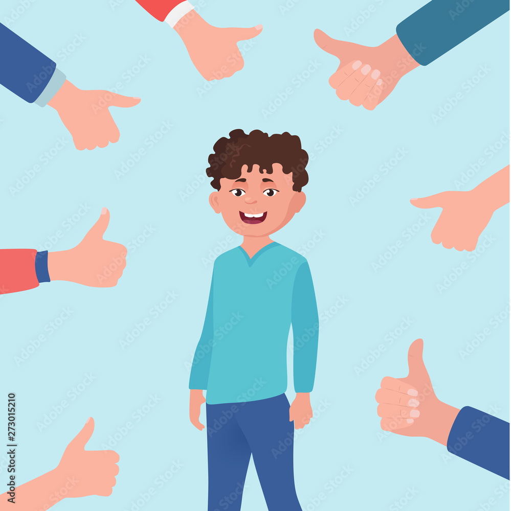 Boy or teenager is praised, approved, admire him. Happy person on blue background. Boy or teenager is praised, approved, admire him. Happy person on blue background.
