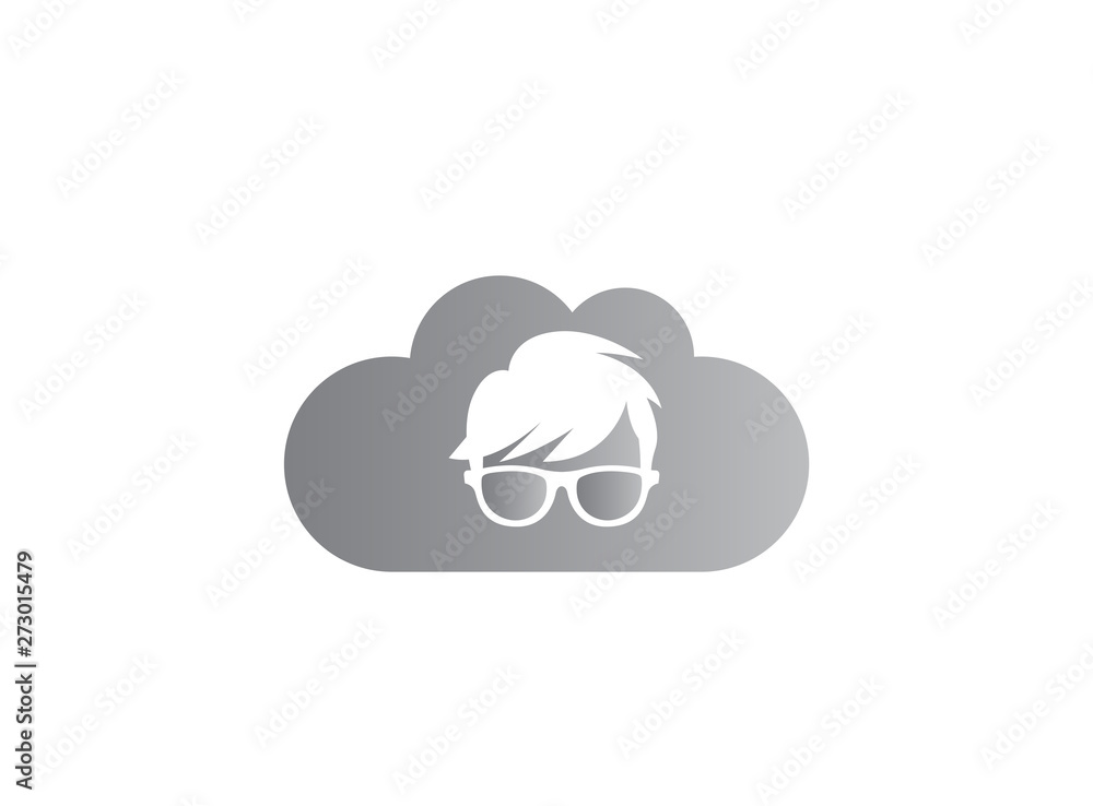 Geek Head with hairstyle wearing glasses for logo design illustration, in a cloud shape icon Geek Head with hairstyle wearing glasses for logo design illustration, in a cloud shape icon
