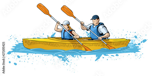Vector illustration of a couple rowing on canoe. Beautiful sport themed poster. Water sports, sea, river, vacation, boating, canoeing