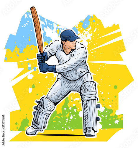 Vector illustration of a cricket player standing with bat. Beautiful sport themed poster. Team game, summer sports, abstract background