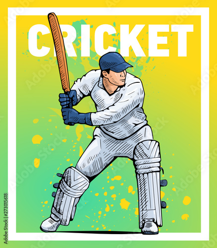 Vector illustration of a cricket player standing with bat. Beautiful sport themed poster. Team game, summer sports, abstract background