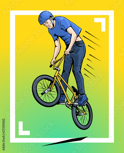 Vector illustration of a bmx rider jumping. BMX competition contestant. Beautiful extreme sport poster. Youth culture