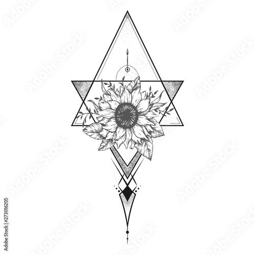 Blackwork tattoo flash. flower over sacred geometry. Highly detailed vector illustration isolated on white. Tattoo design, mystic symbol. New school dotwork. Print, posters, t-shirts and textiles