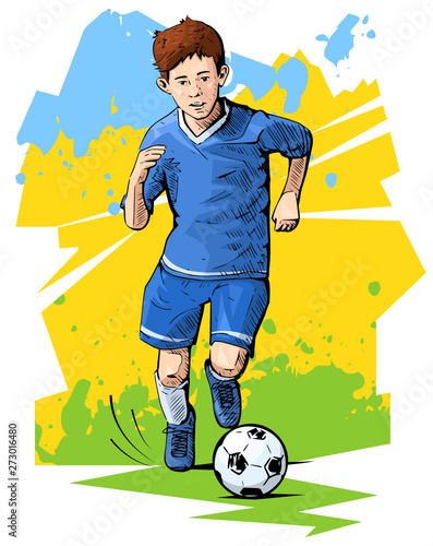 Vector illustration of a kid playing football. Beautiful sport themed poster. Boy running with the ball. Summer sports, healthy lifestyle, soccer youth league.