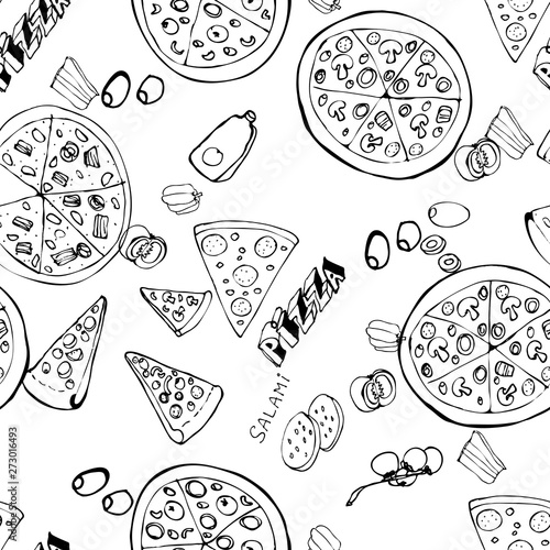 Seamless pattern with hand drawn pizza slices.