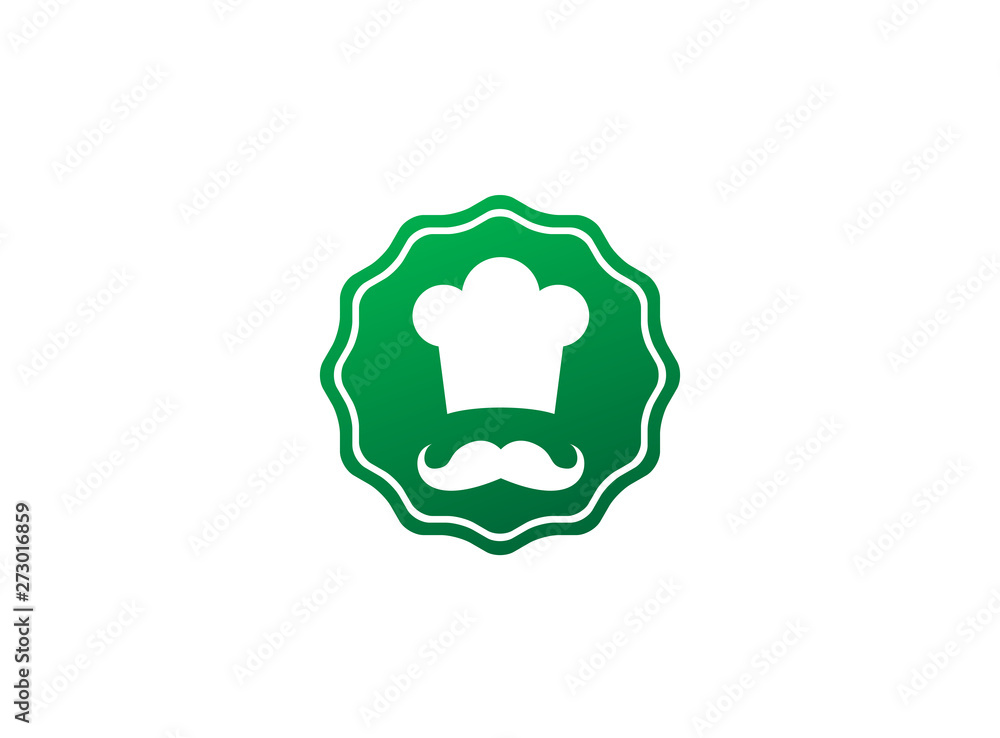 Cooker with mustache smile and wear a big hat logo design illustration in a shape Cooker with mustache smile and wear a big hat logo design illustration in a shape