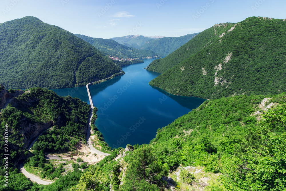 Top view at amazing Piva lake in Montenegro