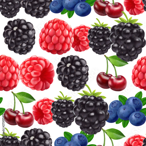 Blackberry blueberry cherry and raspberry seamless pattern. 3d realistic vector berries.