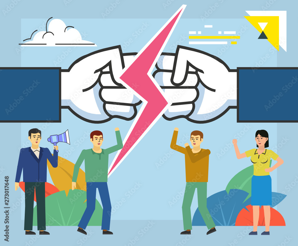Conflict, fight, opposition in business. People on strike. Poster for web page, banner, social media, presentation. Flat design vector illustration